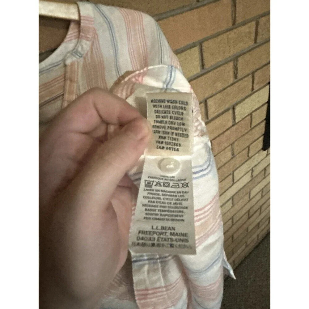 NWT L.L. Bean Women's Premium Linen Shirt Splitneck Stripe Sunrise Pink - Picture 6 of 8